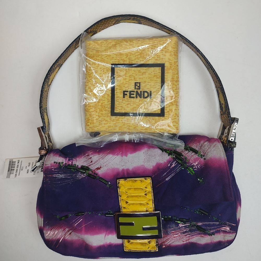 Fendi Suede Baguette Shoulder Bag NWT Beaded Python Flap Handbag Clutch Purple - Picture 3 of 16